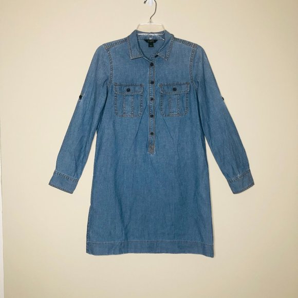 J. CREW | Chambray Tab Sleeve Collared Shirt Dress 100% Cotton Chest Pockets - Picture 2 of 7